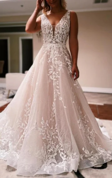 Elegant A-Line V-Neck Open Back Appliques Boho Wedding Dress