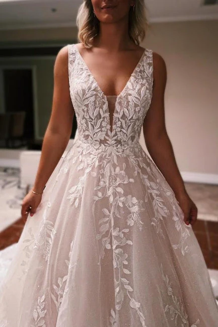 Elegant A-Line V-Neck Open Back Appliques Boho Wedding Dress