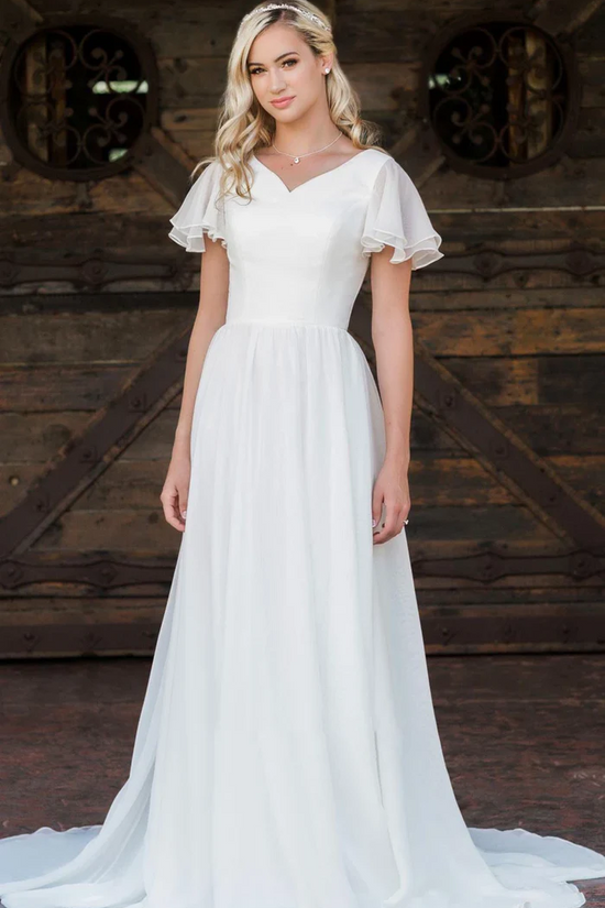 Elegant Chiffon A-Line V-Neck Short Sleeves With Train Wedding Dress