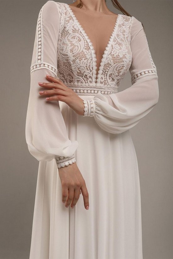 Elegant Chiffon A-Line V-Neck Long Sleeves Lace Appliques Boho Wedding Dress