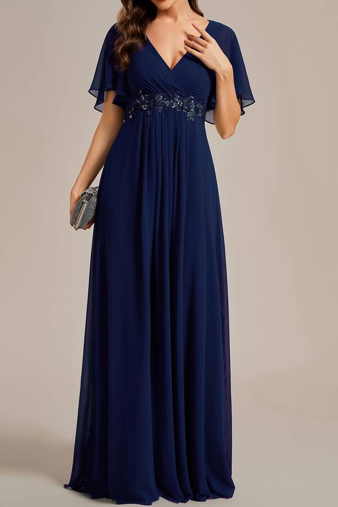 Elegant Chiffon A-Line V-Neck Short Sleeves Mother Of Brides Dress