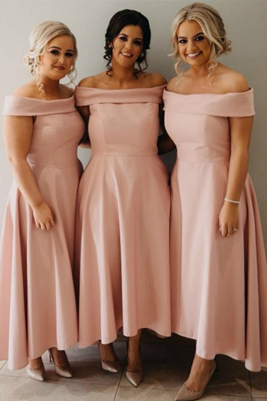 Elegant Satin A-Line Off-Shoulder Sleeveless Bridesmaid Dress