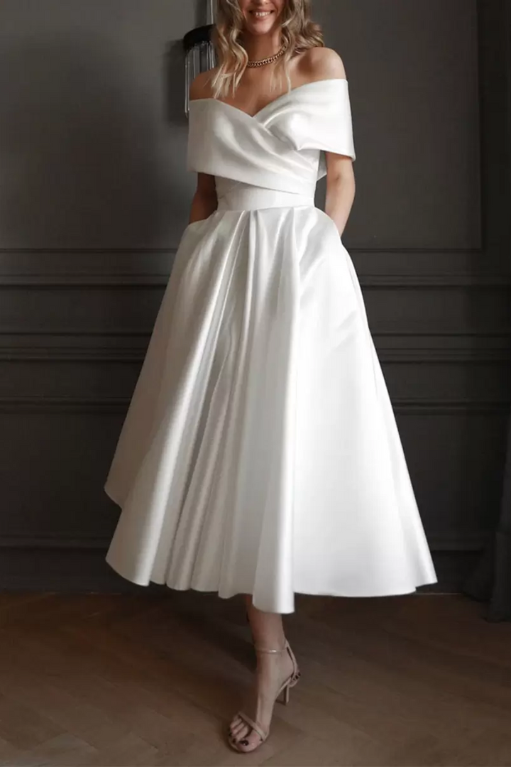 Elegant Satin A-Line Off-Shoulder With Pockets Wedding Dress