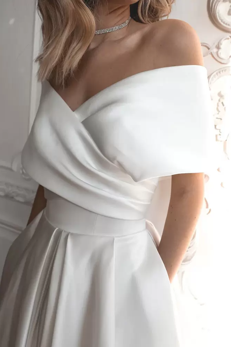 Elegant Satin A-Line Off-Shoulder With Pockets Wedding Dress