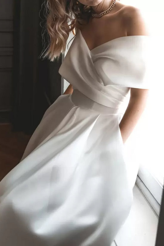 Elegant Satin A-Line Off-Shoulder With Pockets Wedding Dress