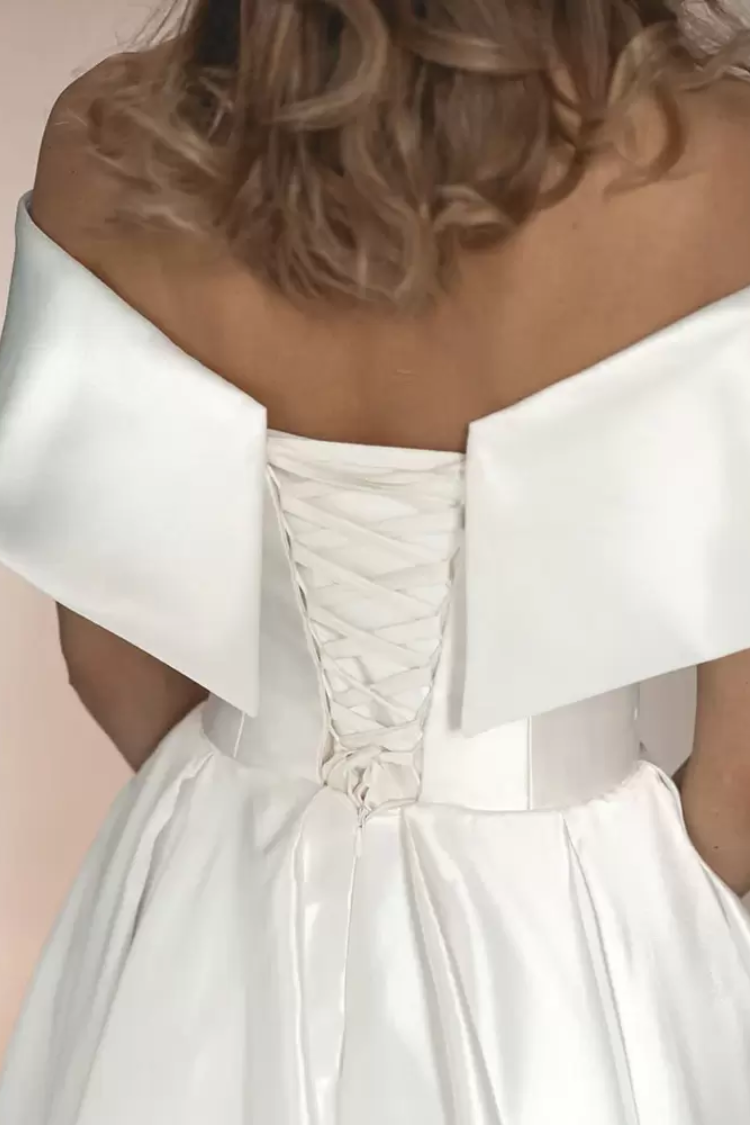 Elegant Satin A-Line Off-Shoulder With Pockets Wedding Dress