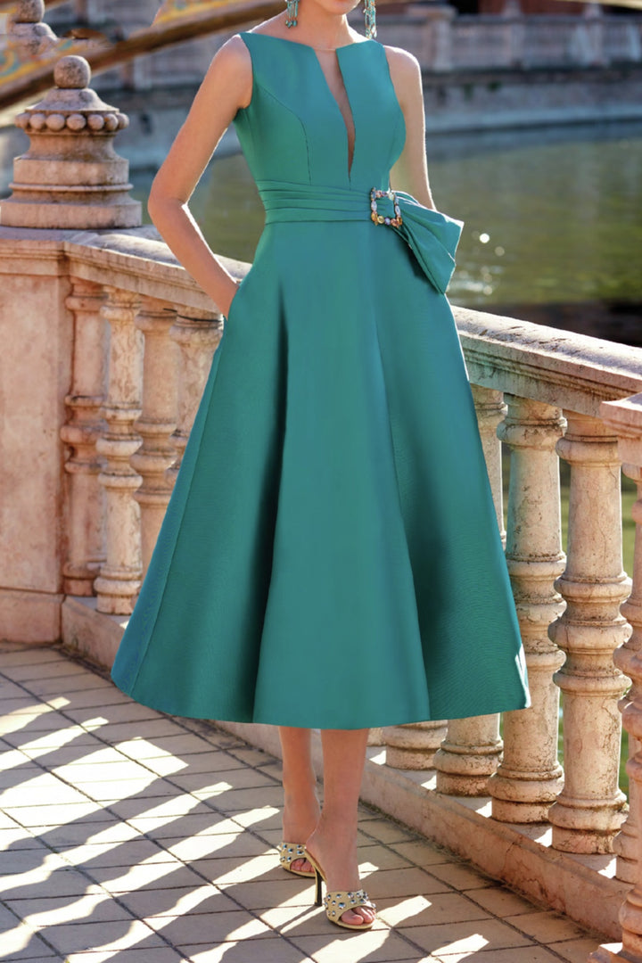 Elegant Satin A-Line Round Sleeves With Pockets Mother Of Brides Dress