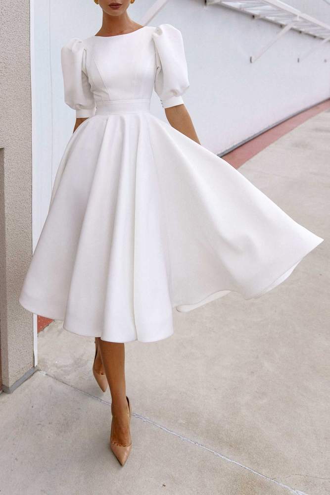 Elegant Satin A-Line Scoop Half Sleeves Wedding Dress – Movousdress