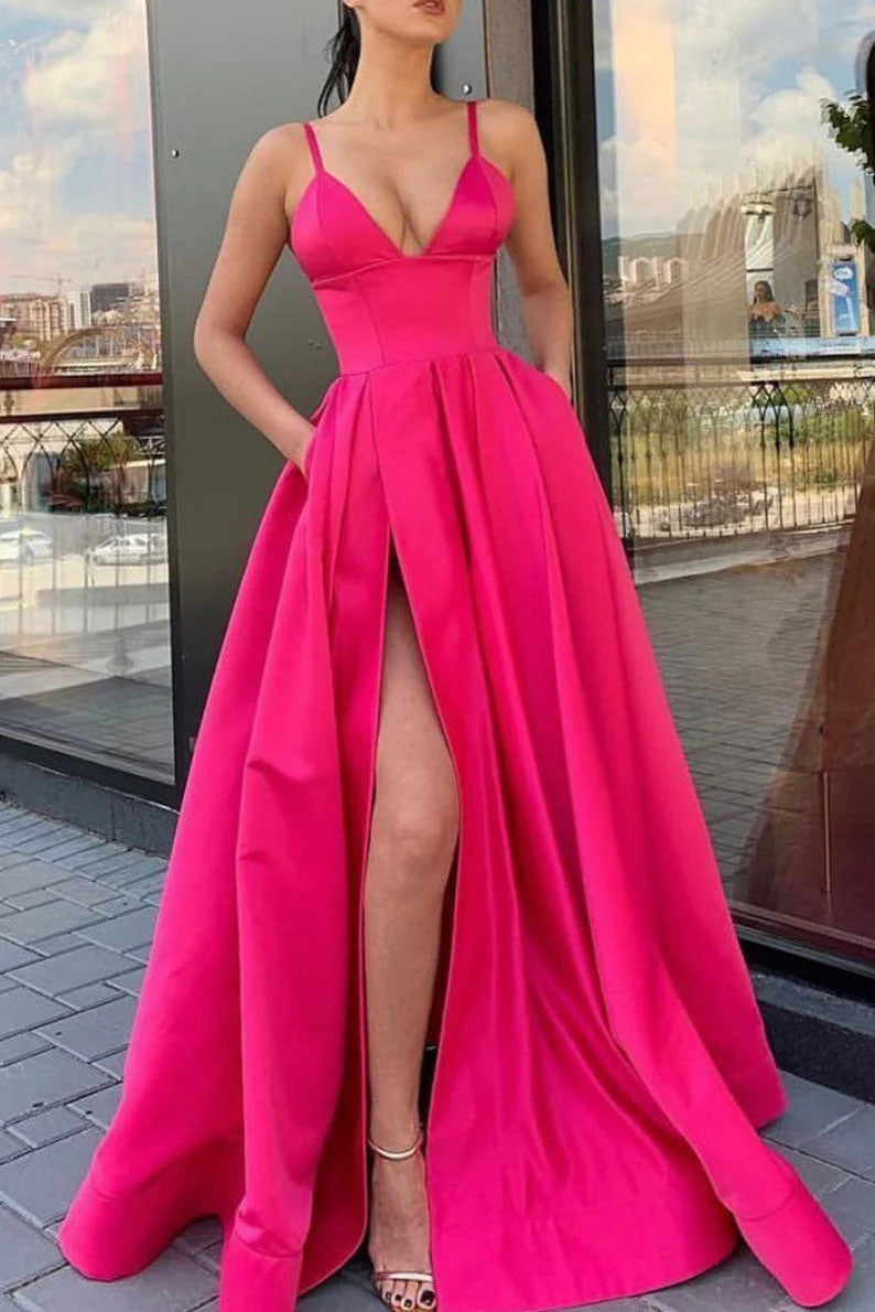 Elegant Satin A-Line V-Neck Sleeveless Party Prom Dress With Pockets