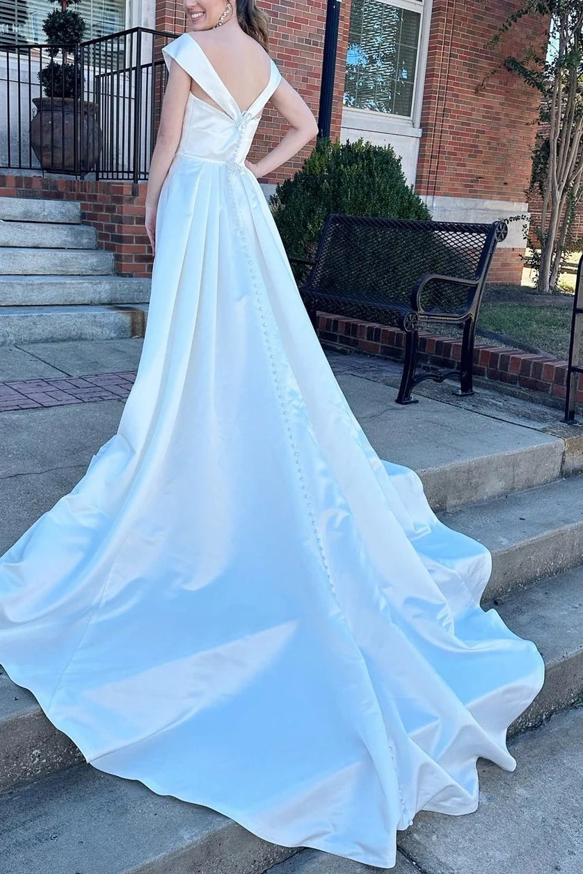 Satin A-Line V-Neck Sleeveless With Train Long Wedding Dress