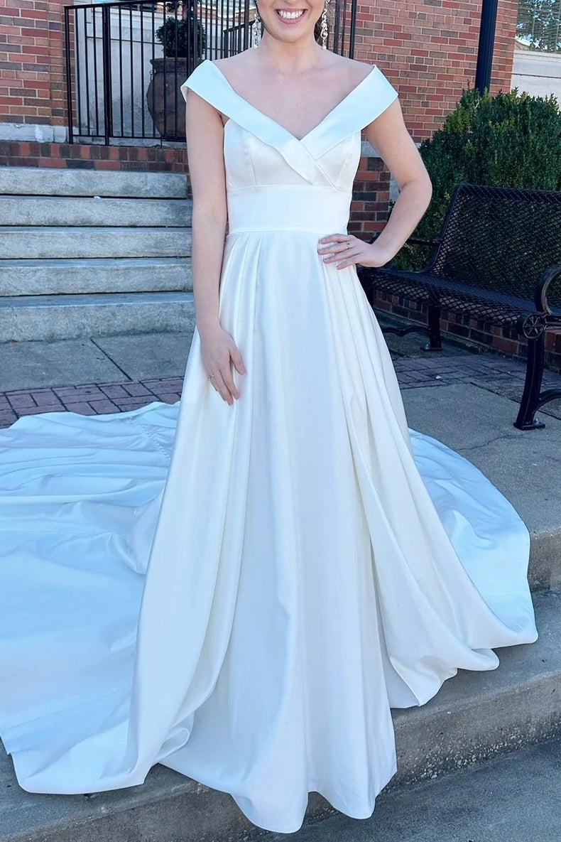 Satin A-Line V-Neck Sleeveless With Train Long Wedding Dress