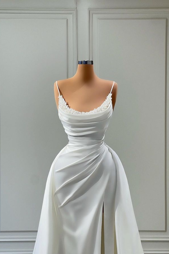 Elegant Satin Fitted Bateau Spaghetti Straps Beaded Draped Long Prom Dress