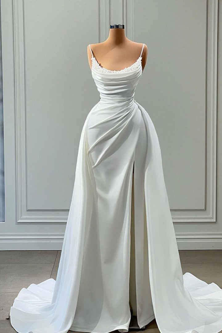 Elegant Satin Fitted Bateau Spaghetti Straps Beaded Draped Long Prom Dress