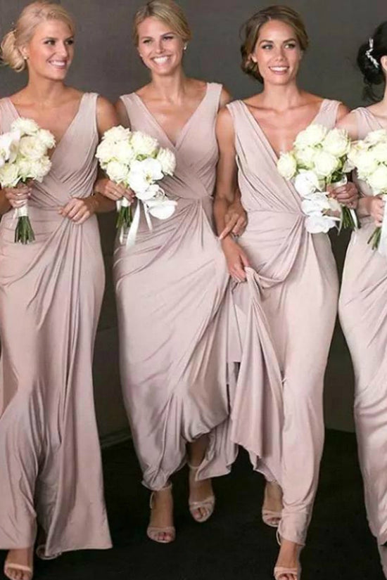 Elegant Satin Fitted V-Neck Sleeveless Empire Bridesmaid Dress