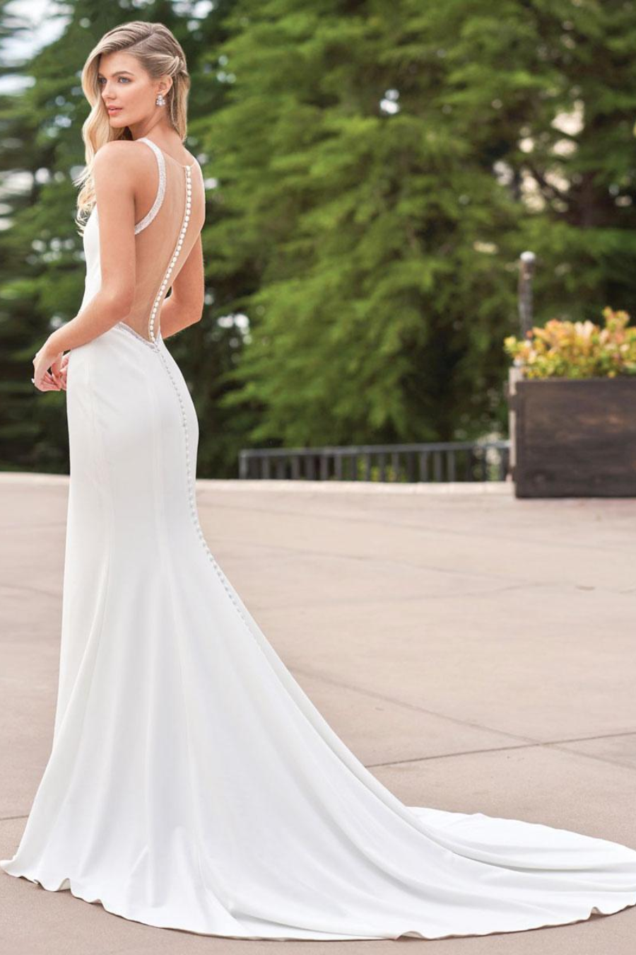 Elegant Satin Trumpet Sleeveless Beaded With Train Boho Wedding Dress