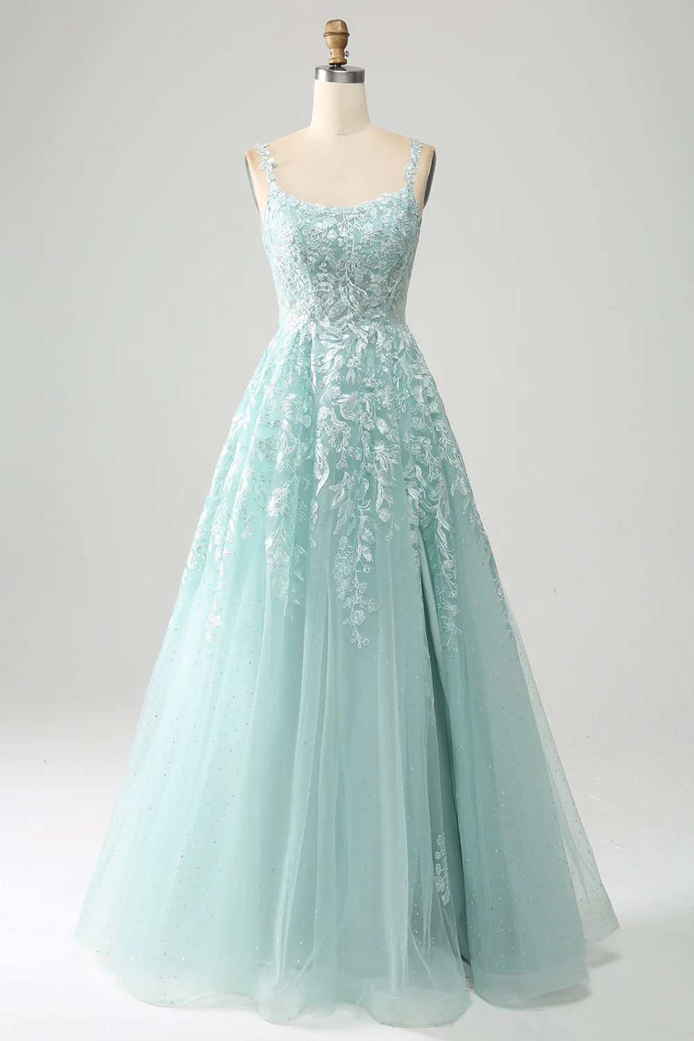 Elegant Tulle A-Line Bateau Appliques Long Prom Dress