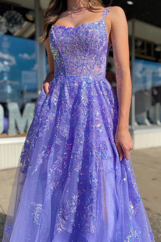 Elegant Tulle A-Line Bateau Spaghetti Straps Applique Prom Dress