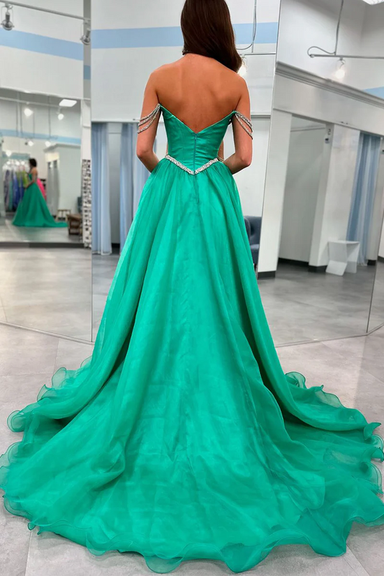 Elegant Tulle A-Line V-Neck Off-Shoulder Beaded With Train Prom Dress