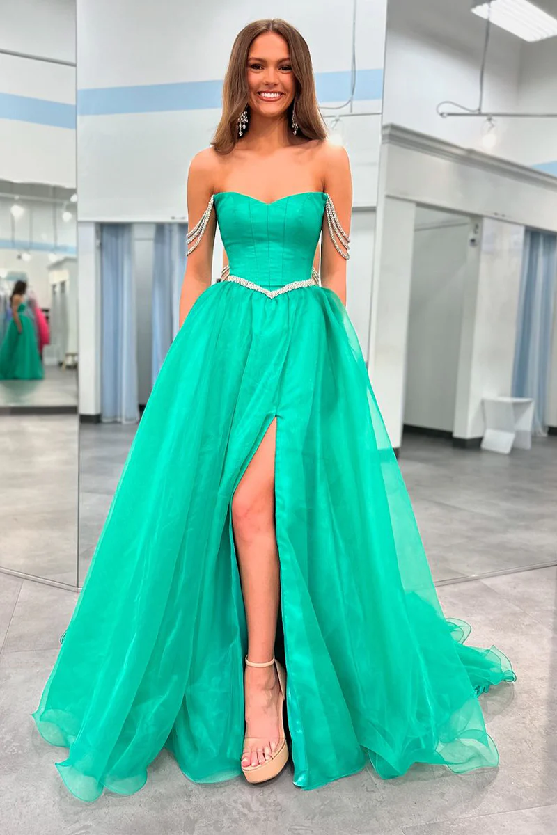 Elegant Tulle A-Line V-Neck Off-Shoulder Beaded With Train Prom Dress