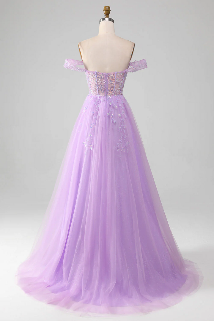 Elegant Tulle A-Line Off-Shoulder Appliques With Side Slit Long Prom Dress