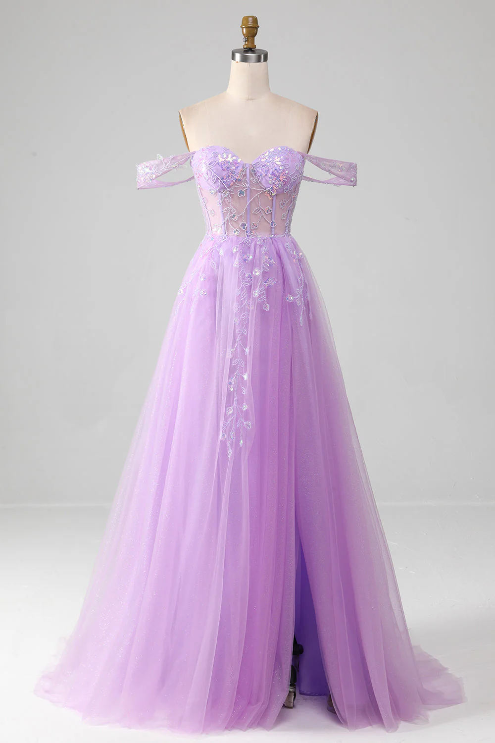 Elegant Tulle A-Line Off-Shoulder Appliques With Side Slit Long Prom Dress