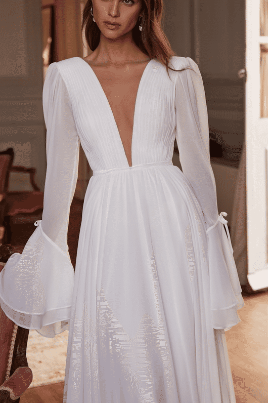 Elegant V-Neck Long Sleeves Empire With Train Chiffon Wedding Dress