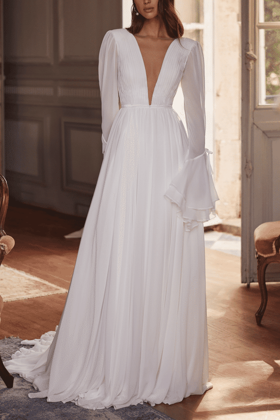 Elegant V-Neck Long Sleeves Empire With Train Chiffon Wedding Dress Movousdress Elegant V-Neck Long Sleeves Empire With Train Chiffon Wedding Dress Movousdress