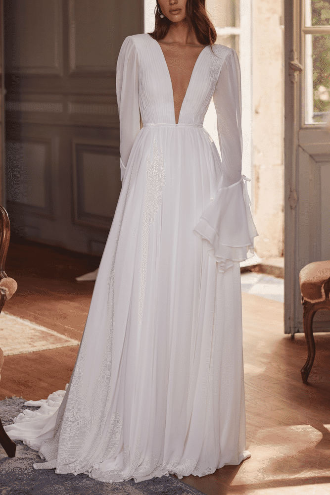 Elegant V-Neck Long Sleeves Empire With Train Chiffon Wedding Dress