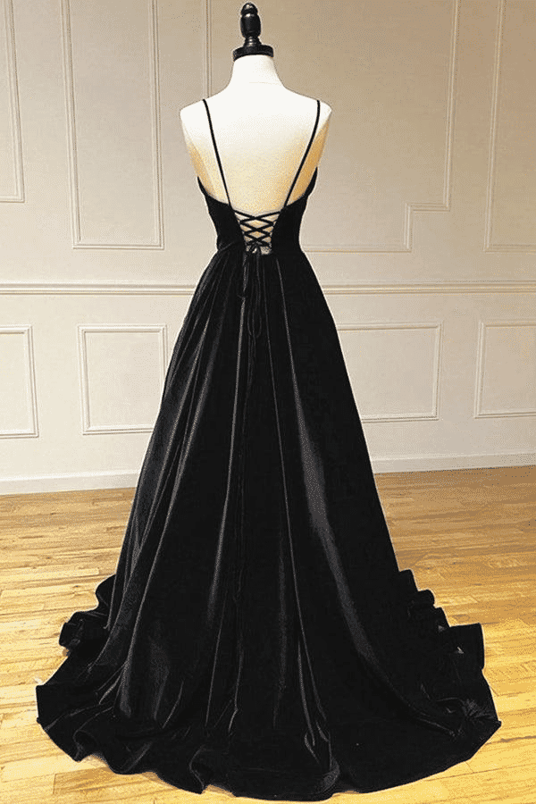 Elegant Velvet A-Line V-Neck Spaghetti Straps Long Prom Dress