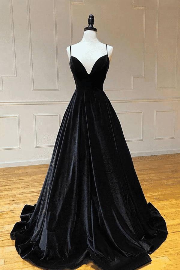 Elegant Velvet A-Line V-Neck Spaghetti Straps Long Prom Dress