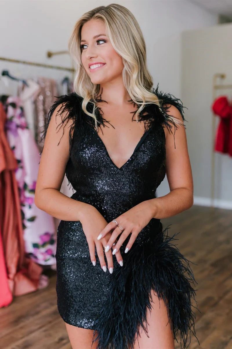 Chic Fitted V-Neck Sleeveless Feathers Sequins Homecoming Dress – Movousdress Chic Fitted V-Neck Sleeveless Feathers Sequins Homecoming Dress – Movousdress