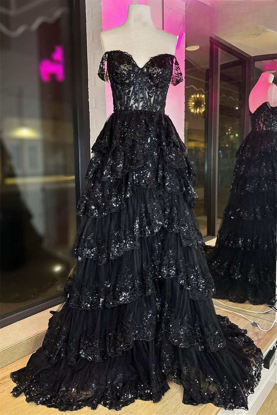 Off-Shoulder Black Lace Applique Ruffle A-line Slit Long Prom Dress