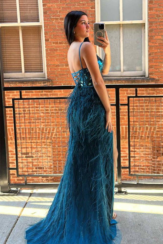 Feathers And Beaded V-Neck Sleeveless Formal Party Dress