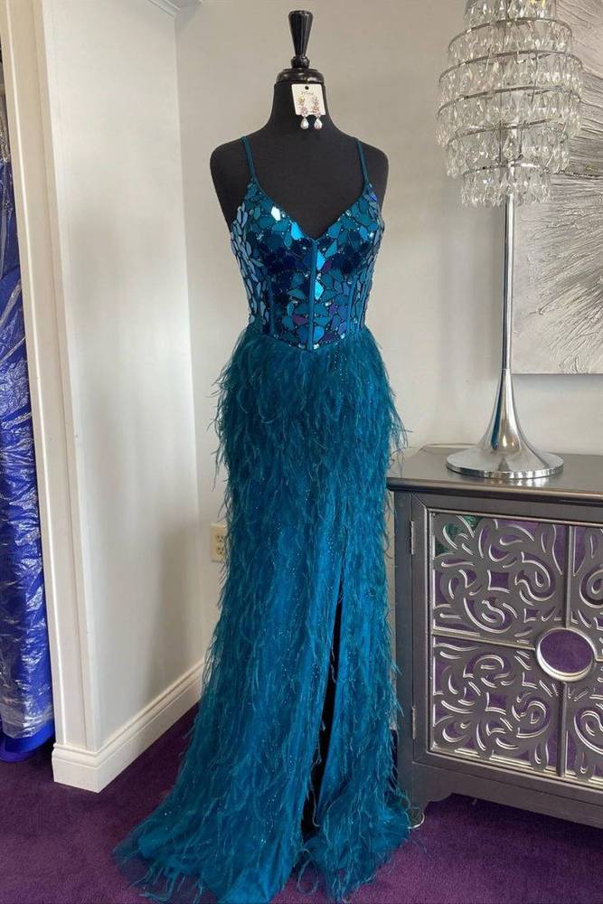 Feathers And Beaded V-Neck Sleeveless Formal Party Dress