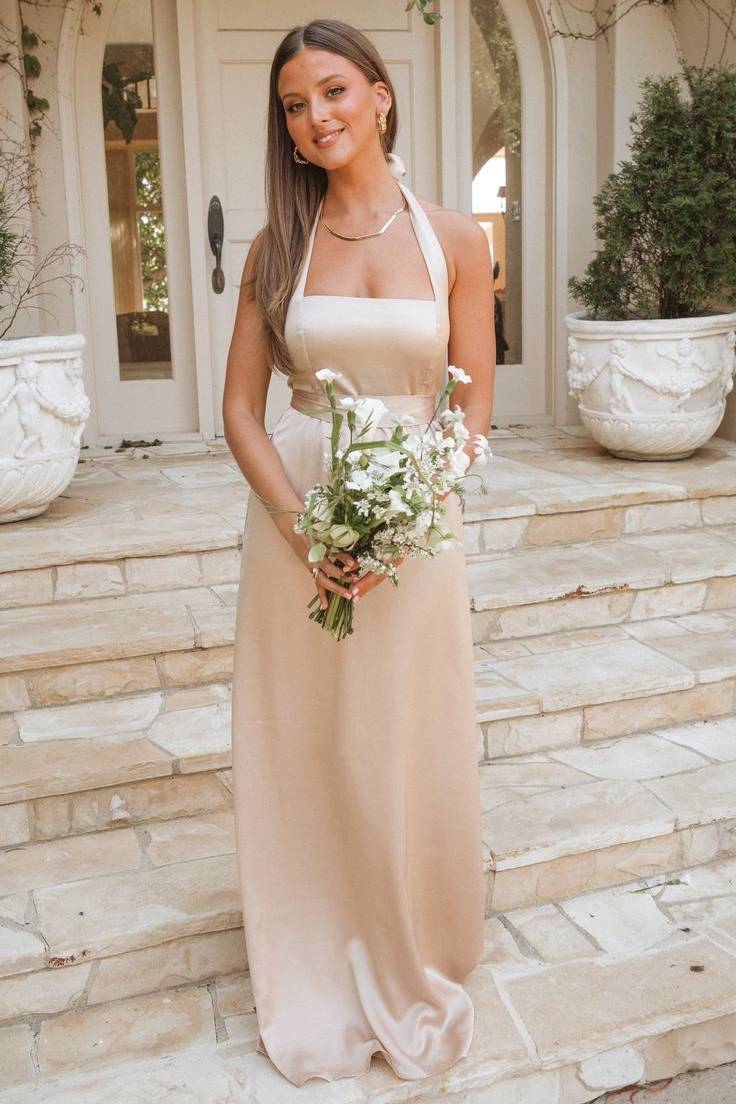 Casual Satin Fitted Square Halter Sleeveless Bridesmaid Dress