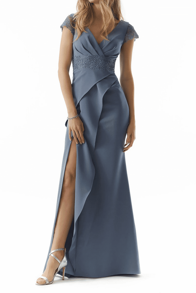 Fitted V-Neck Cap Sleeves Ruched With Slit Mother Of Brides Dress