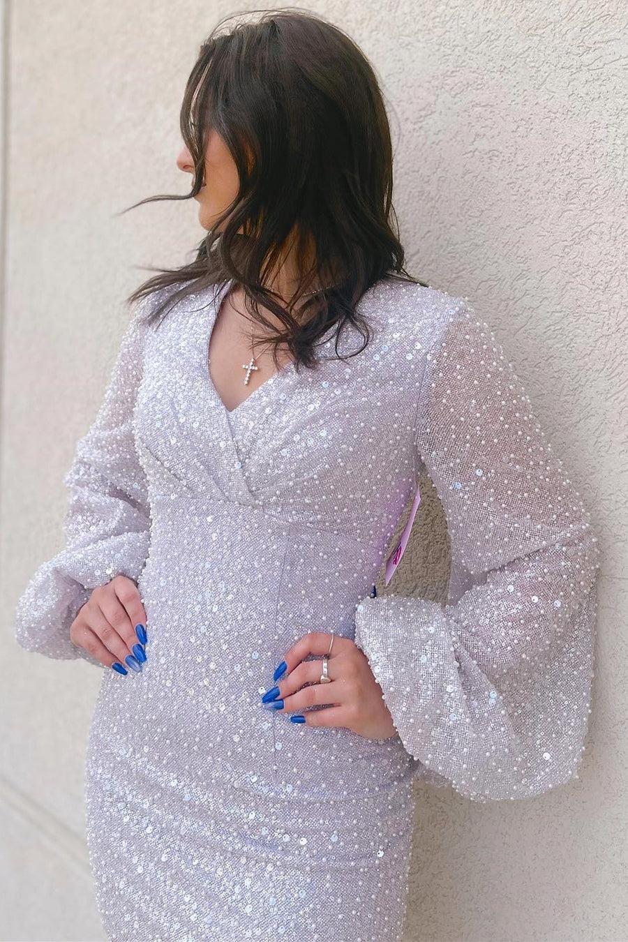 Fitted V-Neck Long Sleeves Empire Beaded Sequins Homecoming Dress