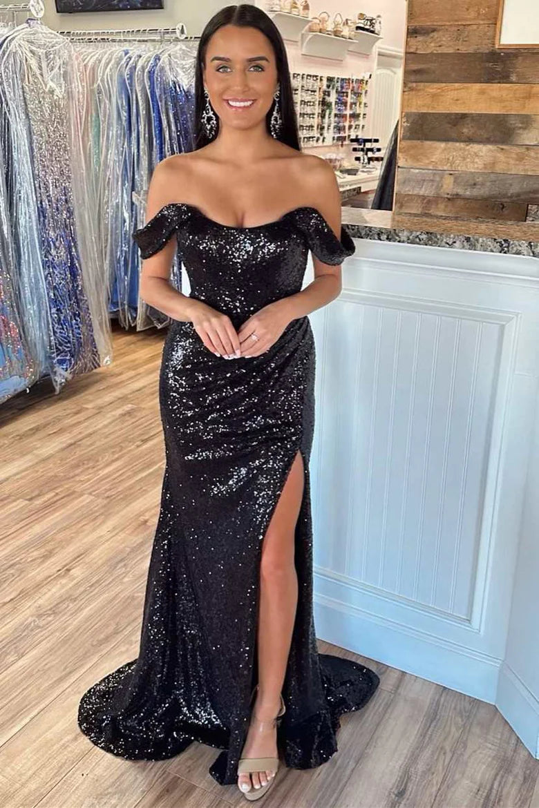 Fitter With Train Bateau Off-Shoulder Ruched Sequins Prom Dress