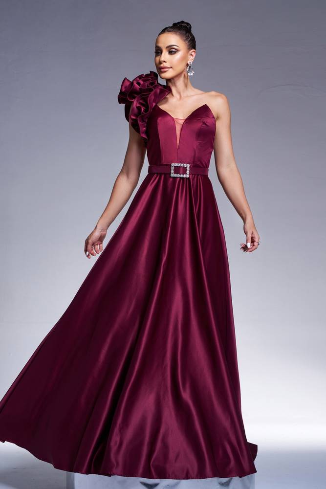 Floral One Shoulder Satin A-Line Party Evening Dress