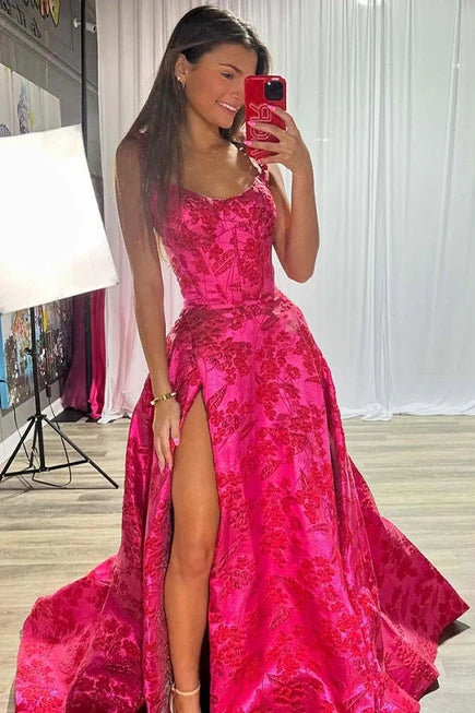 Floral Straps Bateau A-Line Long Party Prom Dress With Slit