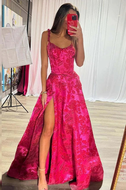 Floral Straps Bateau A-Line Long Party Prom Dress With Slit