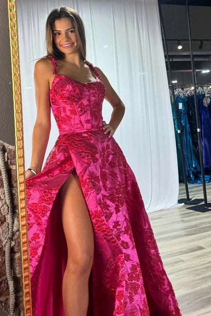 Floral Straps Bateau A-Line Long Party Prom Dress With Slit