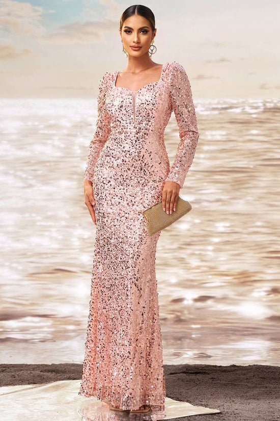 Fully Sequins Square Long Sleeves Empire Party Evening Dress