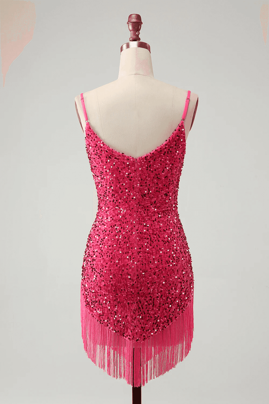 Glitter Fitted Bateau Spaghetti Straps Sequins Homecoming Dress