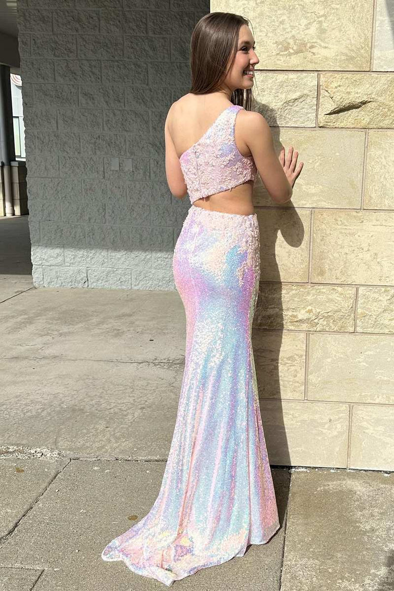 Glitter Fitted One Shoulder Sleeveless Fully Sequins Prom Dress