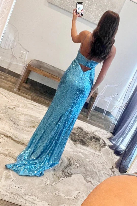 Glitter Fitted Sweetheart Spaghetti Straps With Train Prom Dress