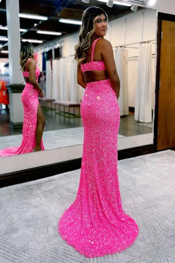 Glitter Fitted V-Neck Sleeveless With Side Slit Prom Dress