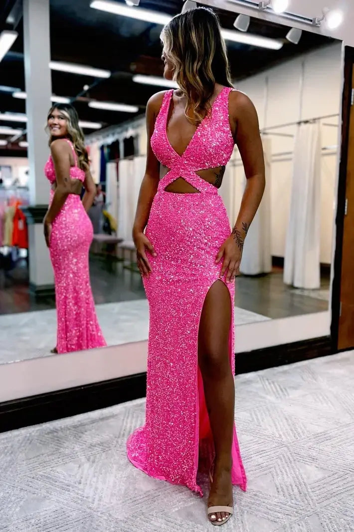 Glitter Fitted V-Neck Sleeveless With Side Slit Prom Dress