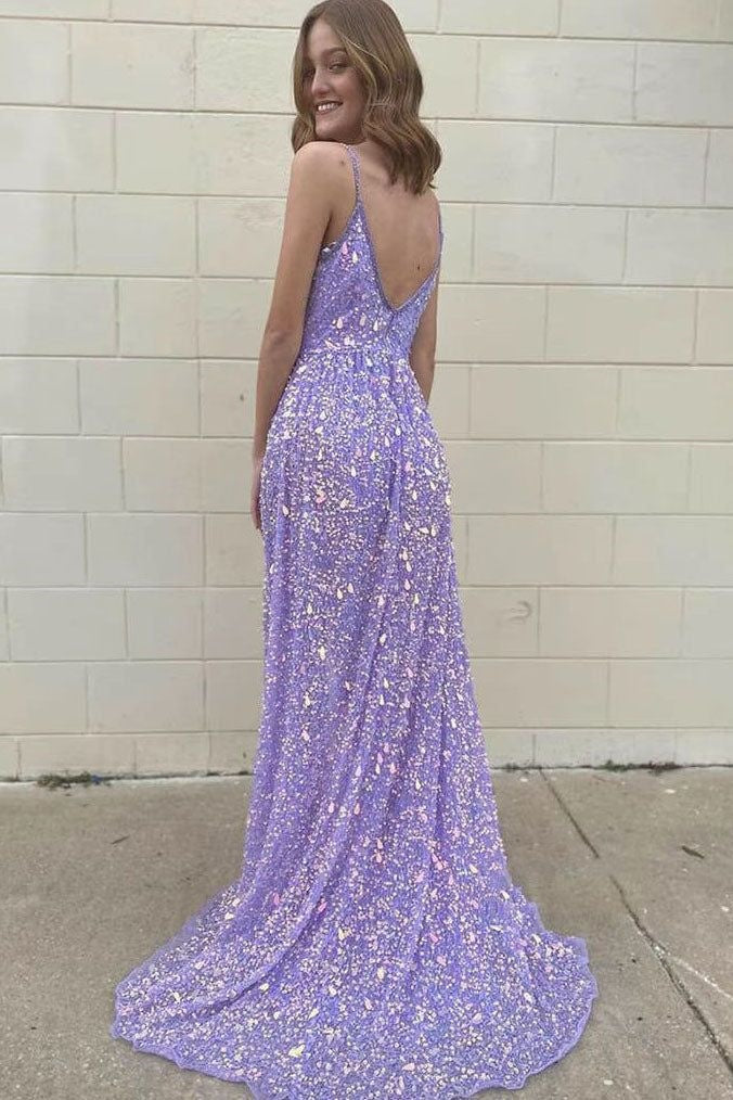 Glitter Fitted V-Neck Sleeveless With Train Sequins Prom Dress