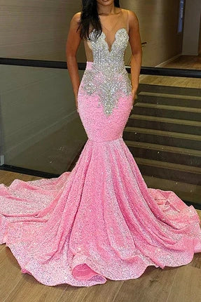 Glitter Mermaid V-Neck Sleeveless Beaded Formal Party Dress